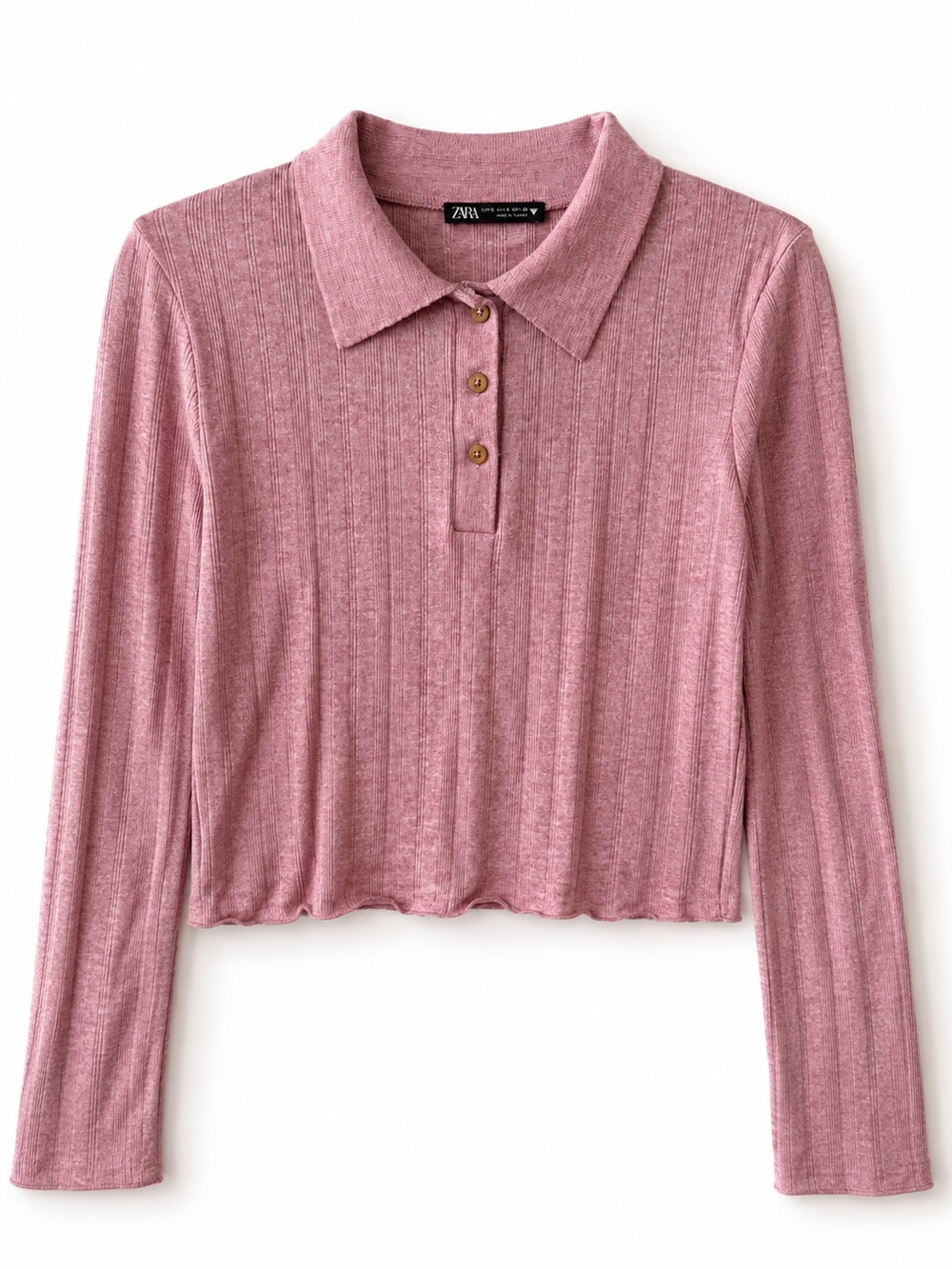 Zara Ribbed Knit Cropped Polo Sweater - Mauve Pink - Size S